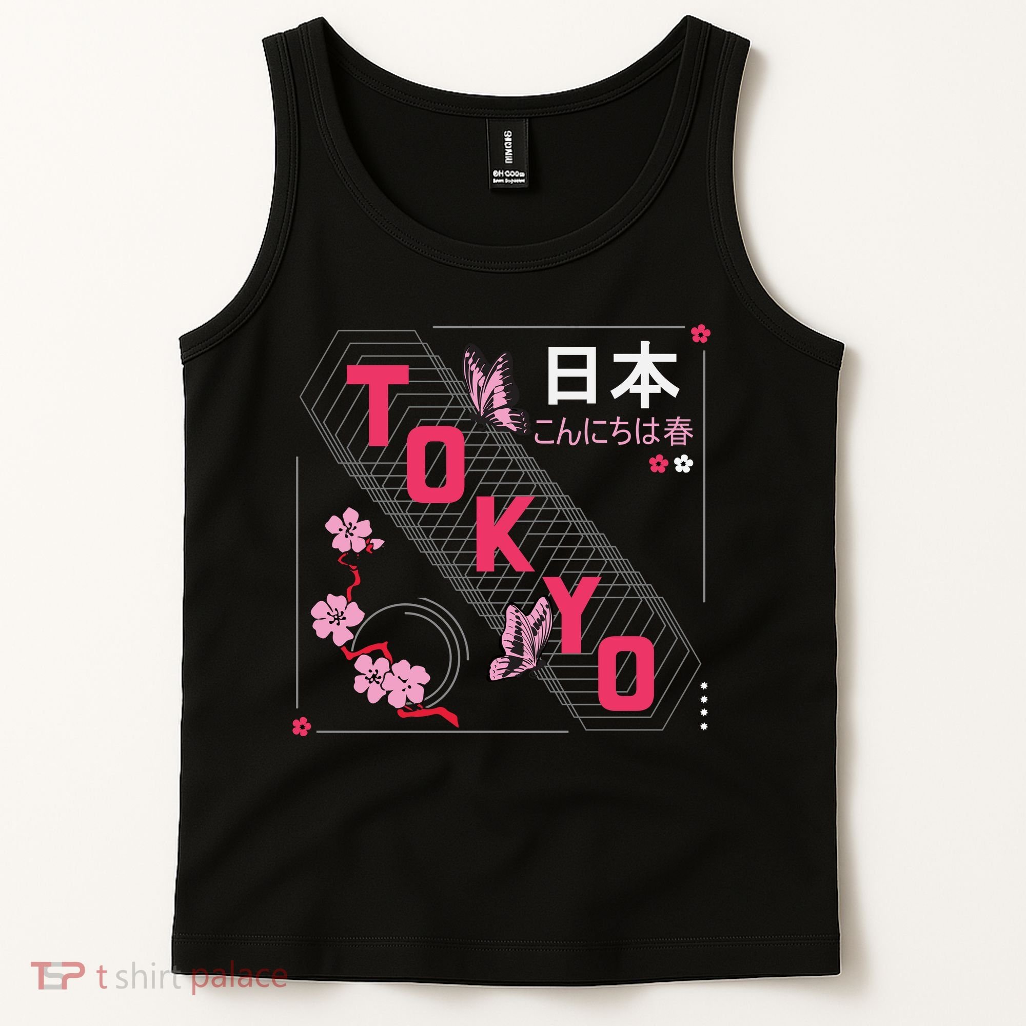 Japan Hello Spring Tokyo Text With Flower And Butterflies Tank Top