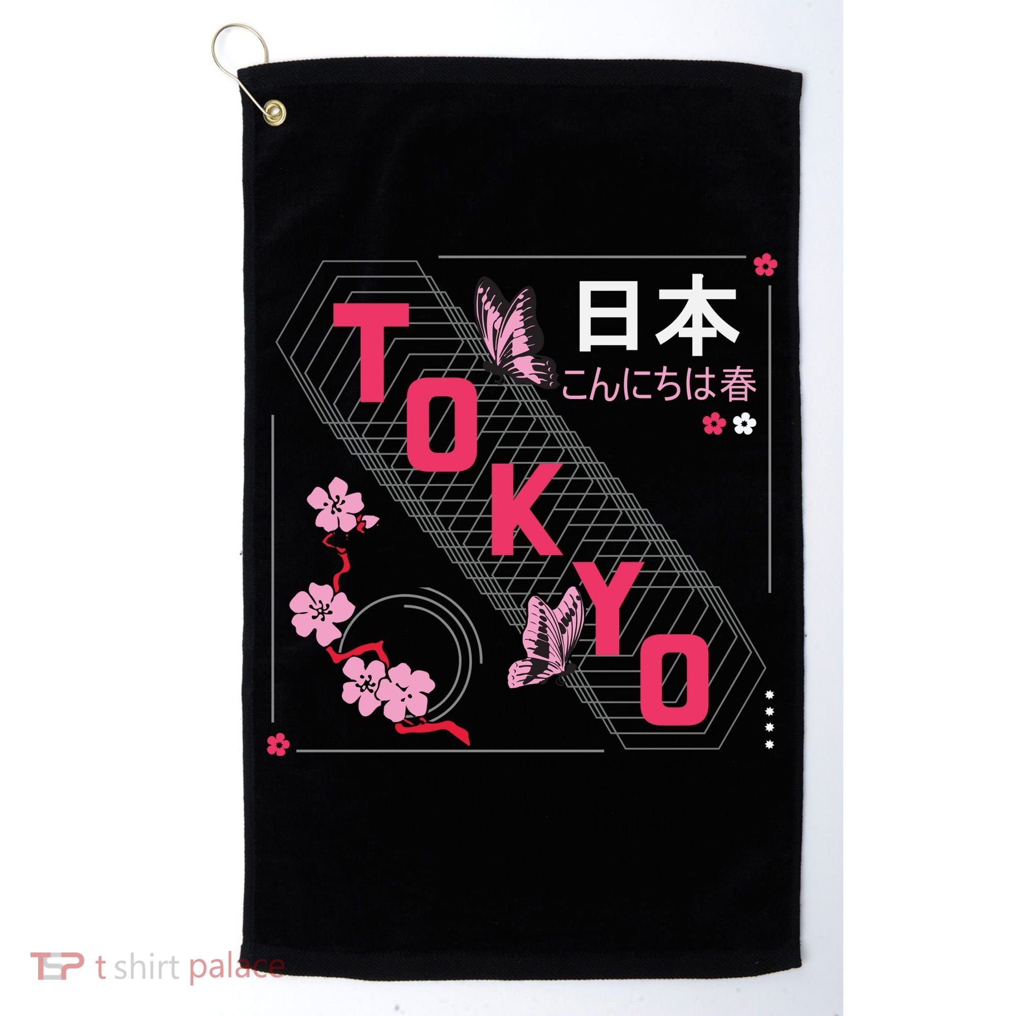 Japan Hello Spring Tokyo Text With Flower And Butterflies Golf Towel