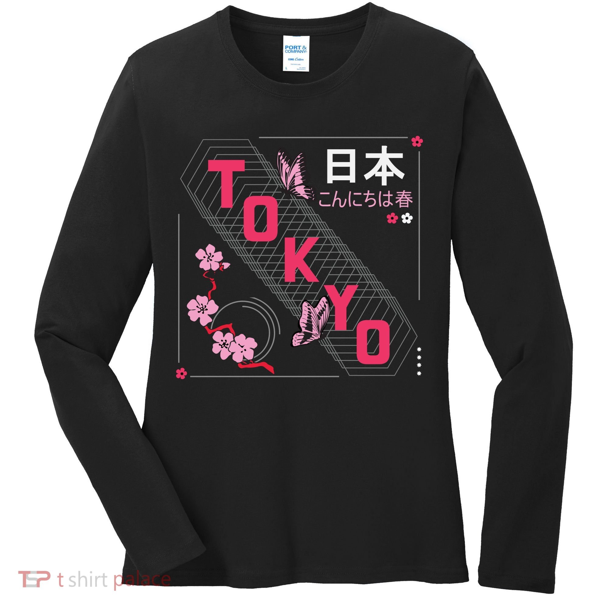 Japan Hello Spring Tokyo Text With Flower And Butterflies Women's Long Sleeve Shirt