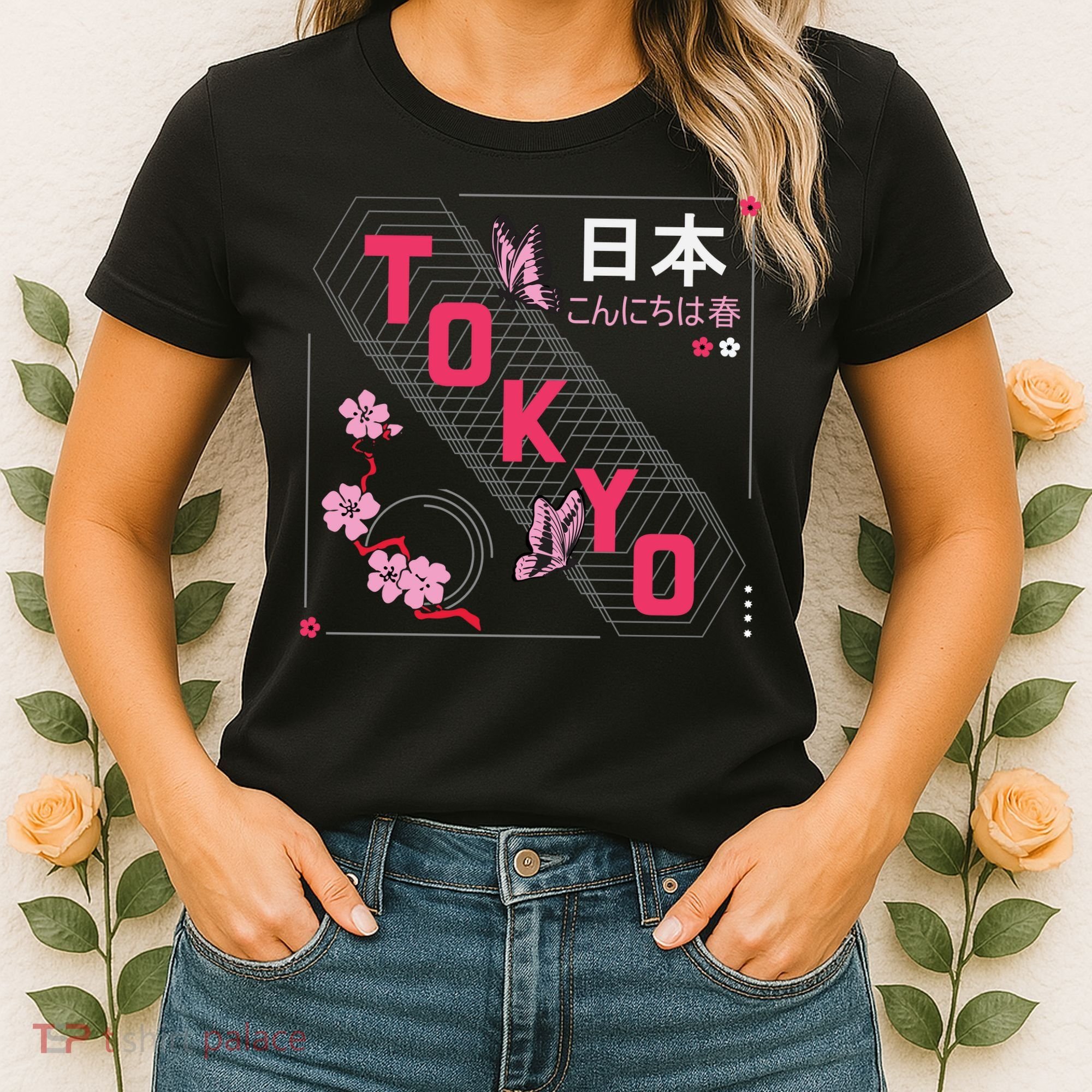 Japan Hello Spring Tokyo Text With Flower And Butterflies Women's T-Shirt