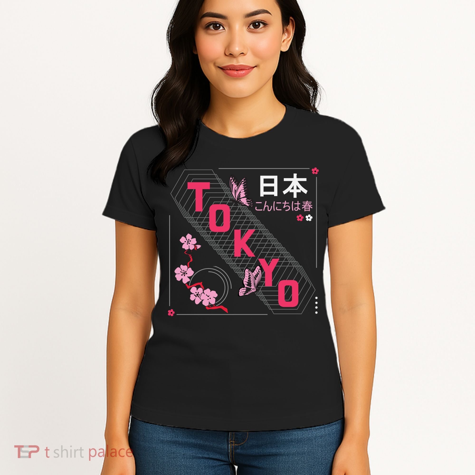 Japan Hello Spring Tokyo Text With Flower And Butterflies Women's T-Shirt