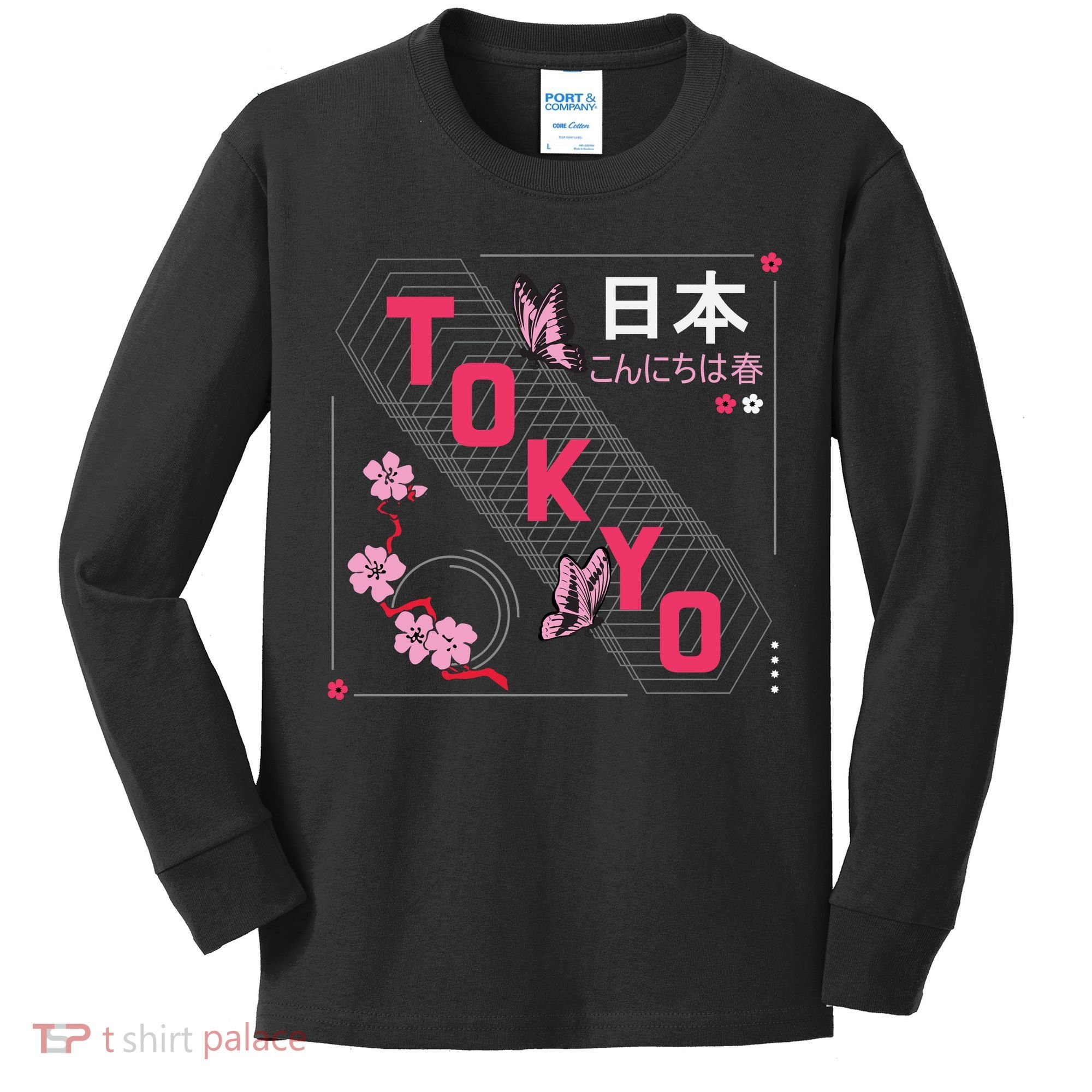 Japan Hello Spring Tokyo Text With Flower And Butterflies Kids Long Sleeve Shirt
