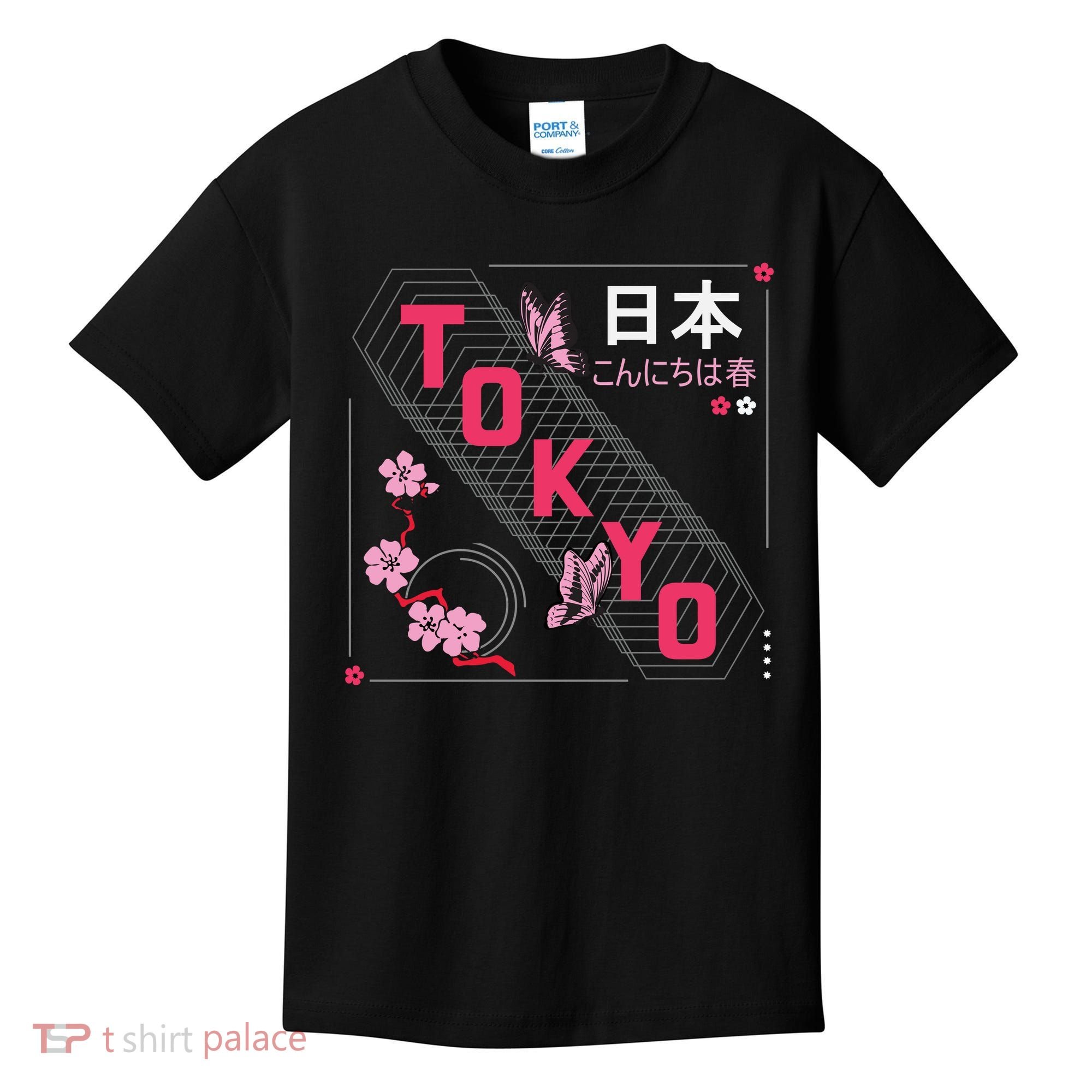 Japan Hello Spring Tokyo Text With Flower And Butterflies Kids T-Shirt