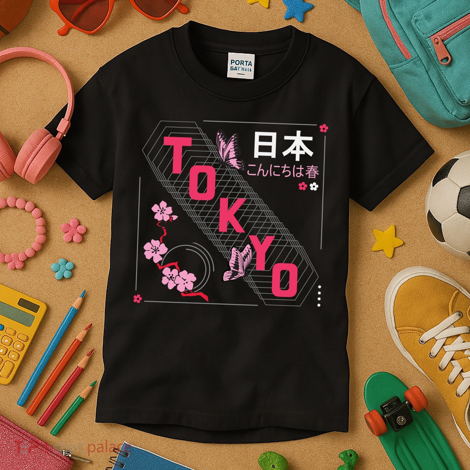 Japan Hello Spring Tokyo Text With Flower And Butterflies Kids T-Shirt