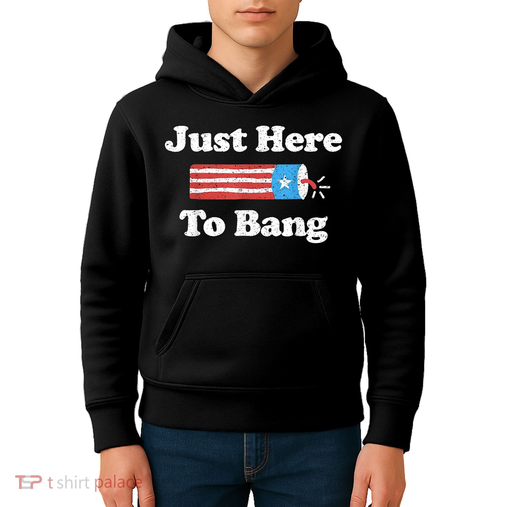 Just Here To Bang Funny 4th July American Flag Kids Hoodie