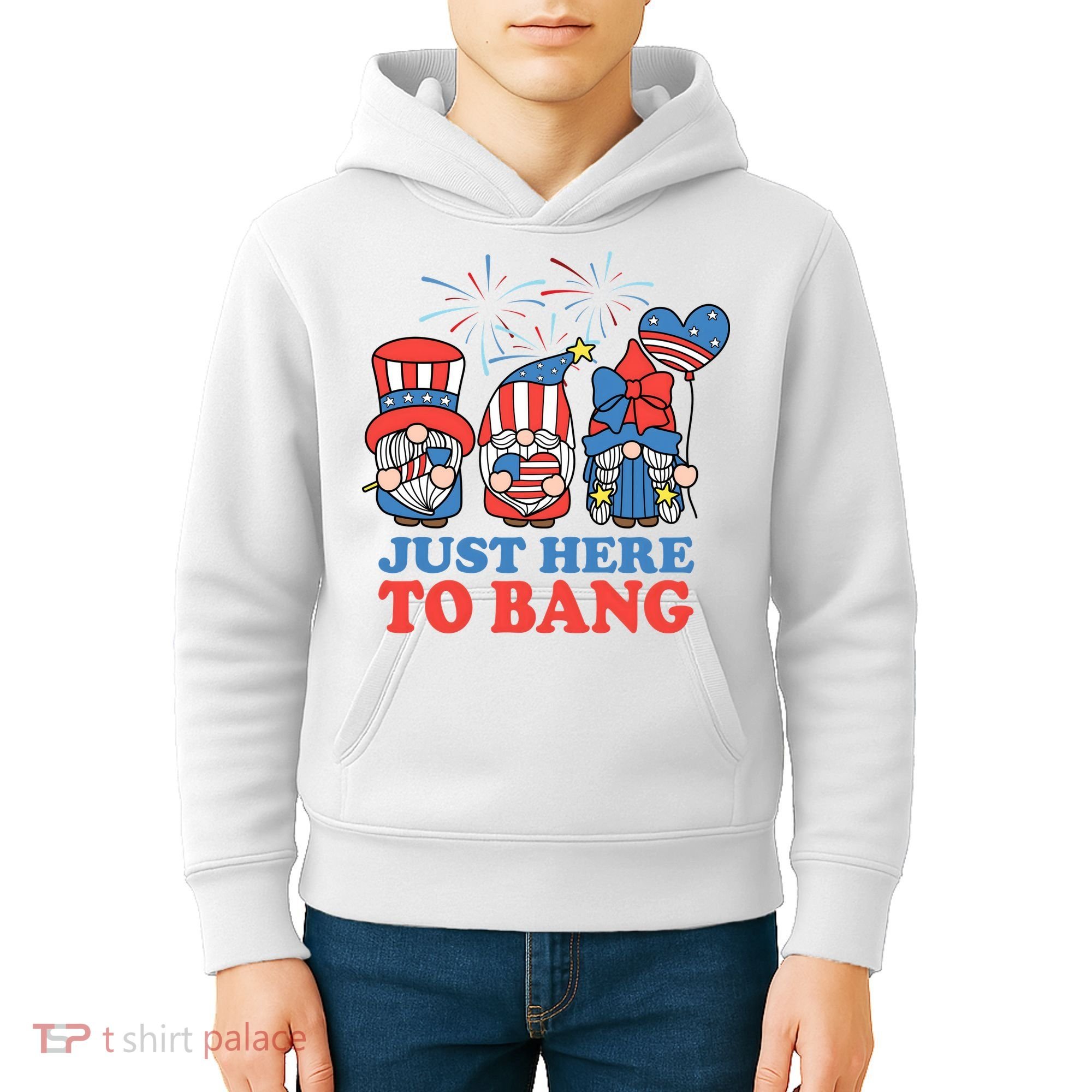 Just Here To Bang Gnome 4th Of July Kids Hoodie