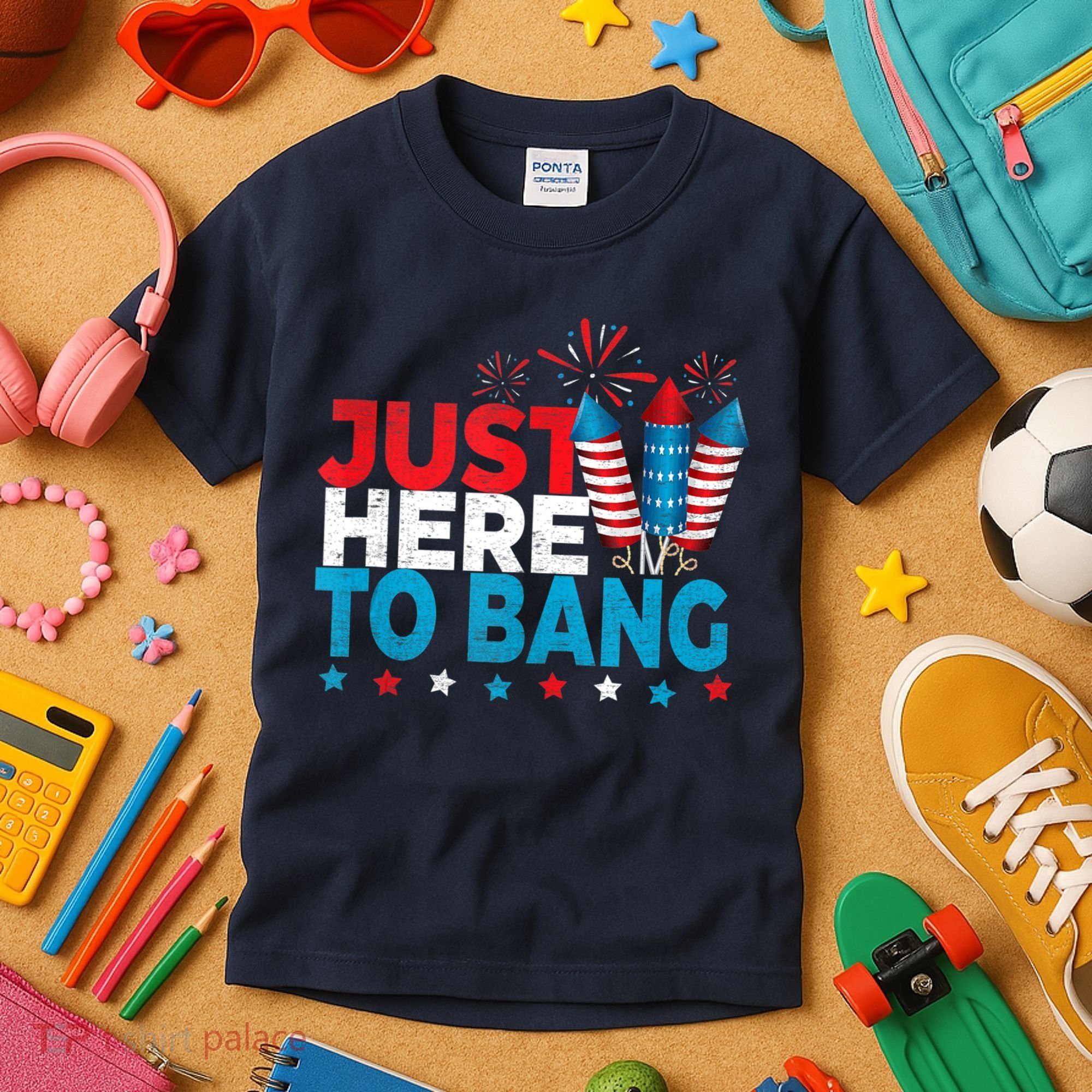 Just Here To Bang Shirt Red White Blue 4th Of July Fireworks Kids T-Shirt