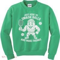 Just Here To Smash Balls And Make Friends Funny Pickleball Kids Sweatshirt thumb 0