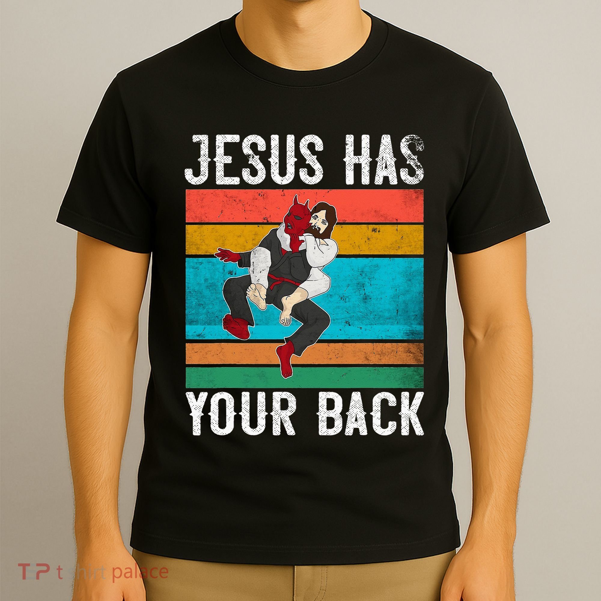 Jesus Has Your Back Jiu Jitsu Retro Christian T-Shirt