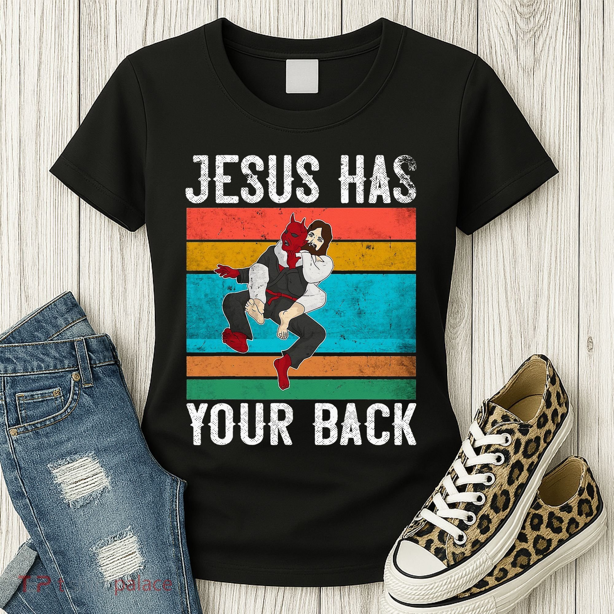 Jesus Has Your Back Jiu Jitsu Retro Christian Women's T-Shirt