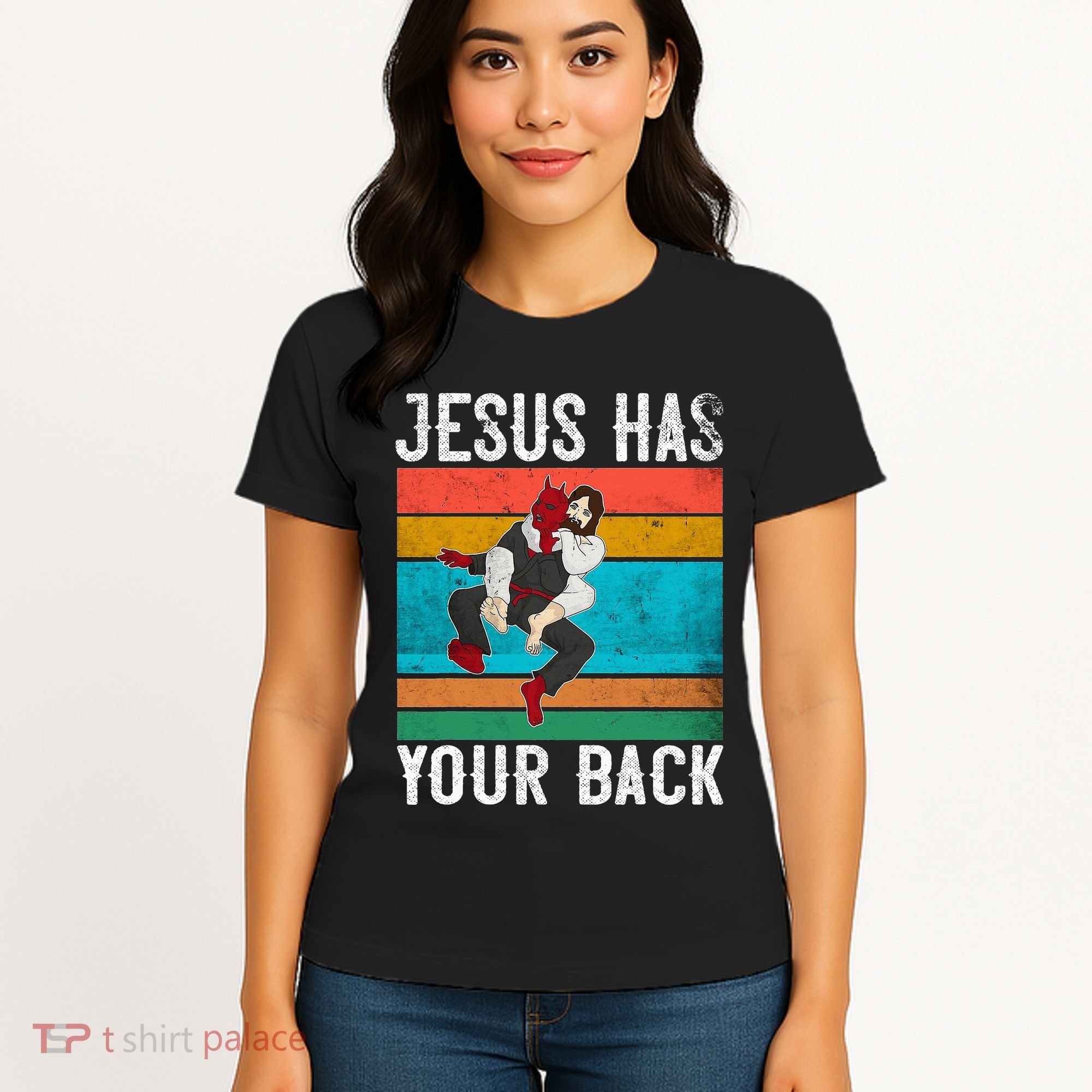 Jesus Has Your Back Jiu Jitsu Retro Christian Women's T-Shirt