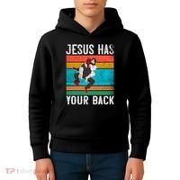 Jesus Has Your Back Jiu Jitsu Retro Christian Kids Hoodie thumb 4