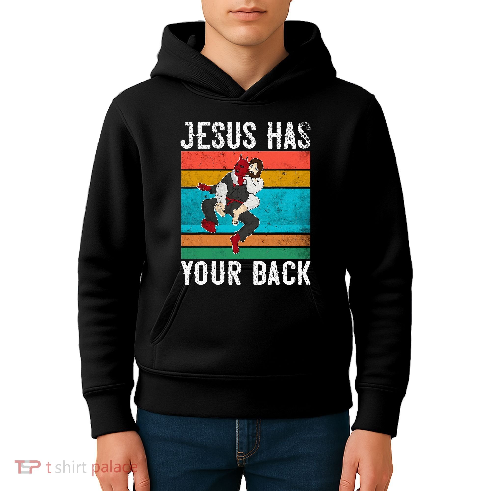 Jesus Has Your Back Jiu Jitsu Retro Christian Kids Hoodie