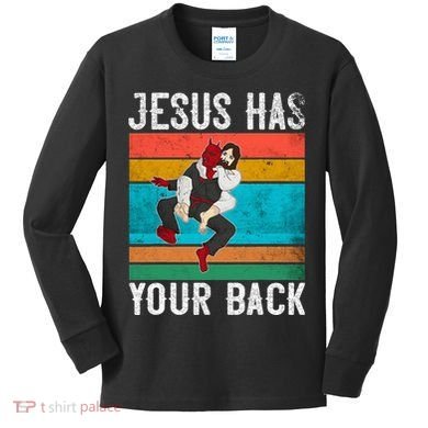 Jesus Has Your Back Jiu Jitsu Retro Christian Kids Long Sleeve Shirt