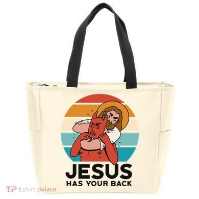 Jesus Has Your Back Fighting Devil Retro Sunset Tote Bag