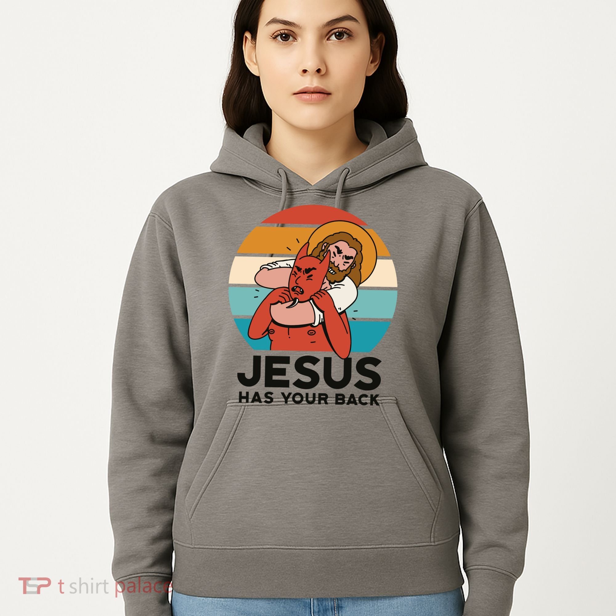 Jesus Has Your Back Fighting Devil Retro Sunset Hoodie