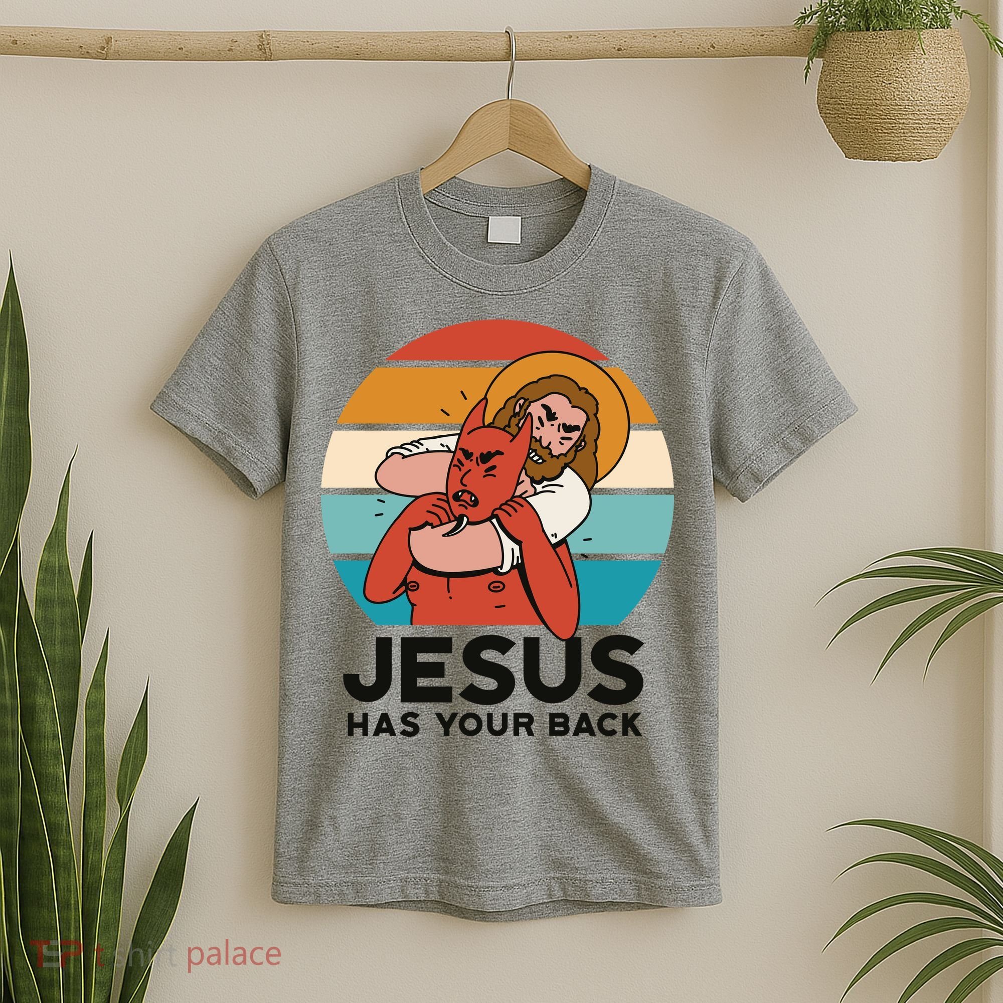 Jesus Has Your Back Fighting Devil Retro Sunset T-Shirt