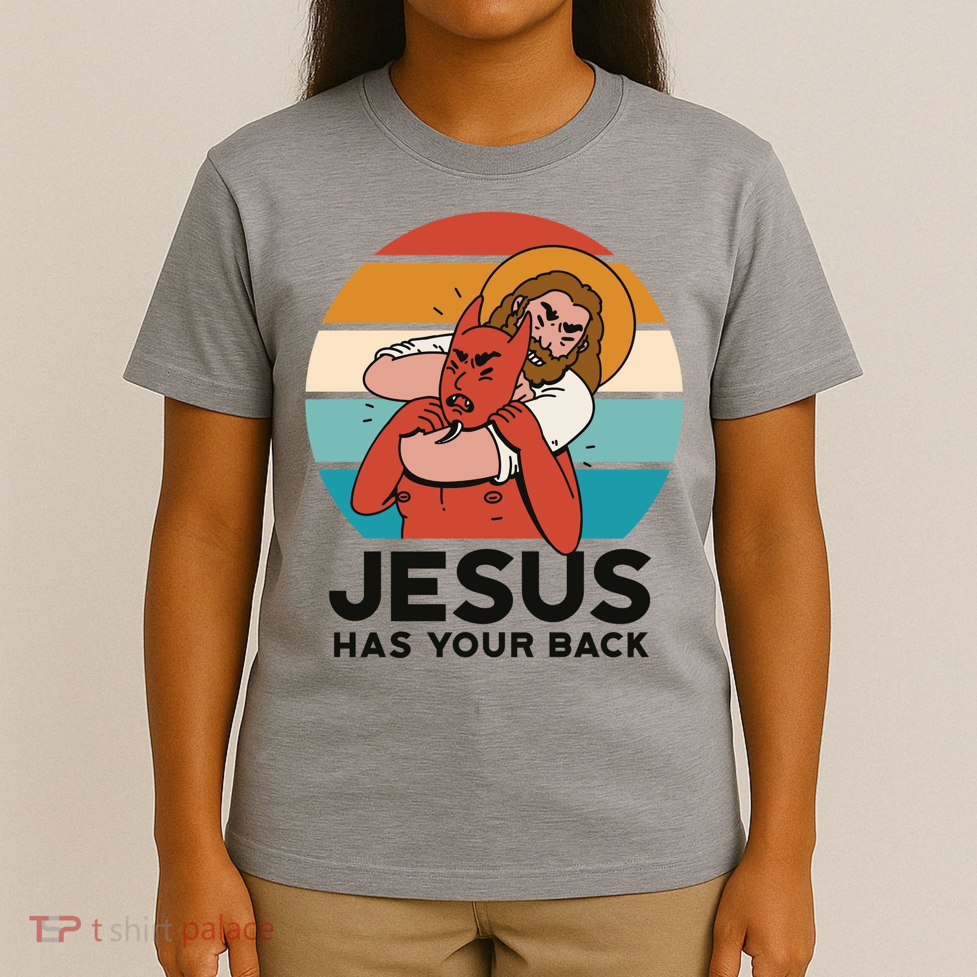 Jesus Has Your Back Fighting Devil Retro Sunset T-Shirt