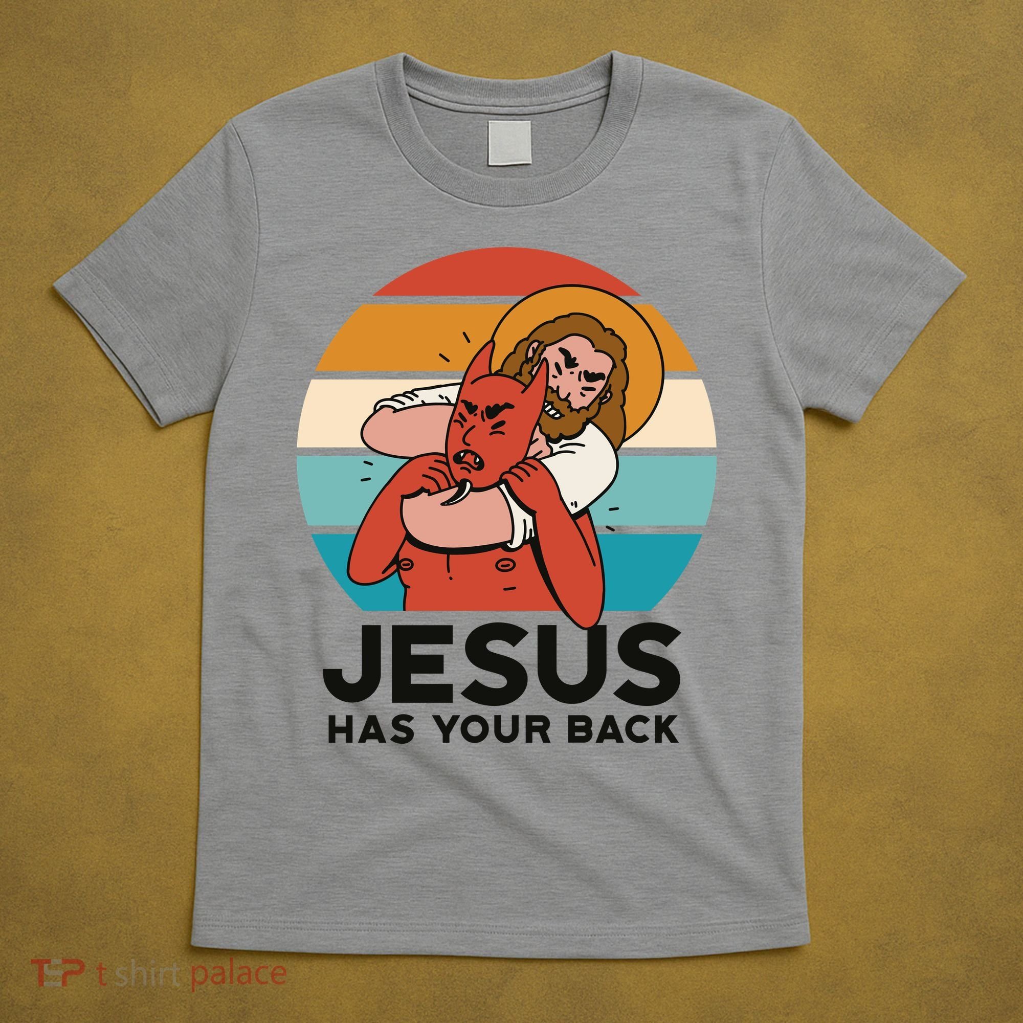 Jesus Has Your Back Fighting Devil Retro Sunset T-Shirt