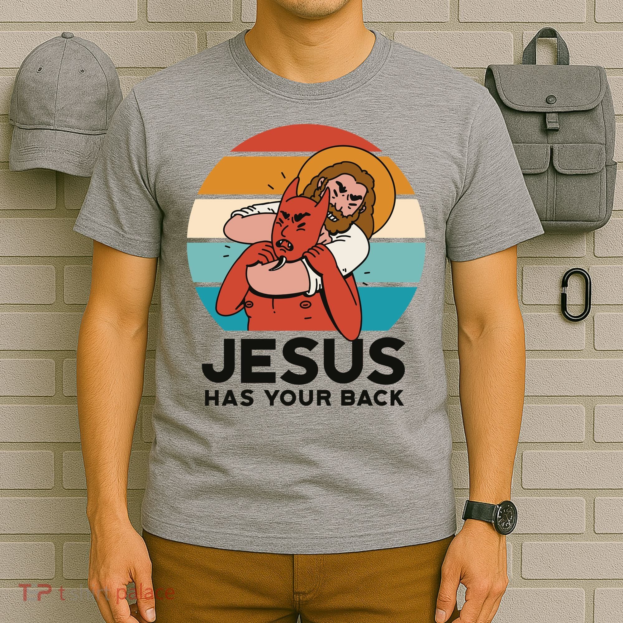 Jesus Has Your Back Fighting Devil Retro Sunset T-Shirt