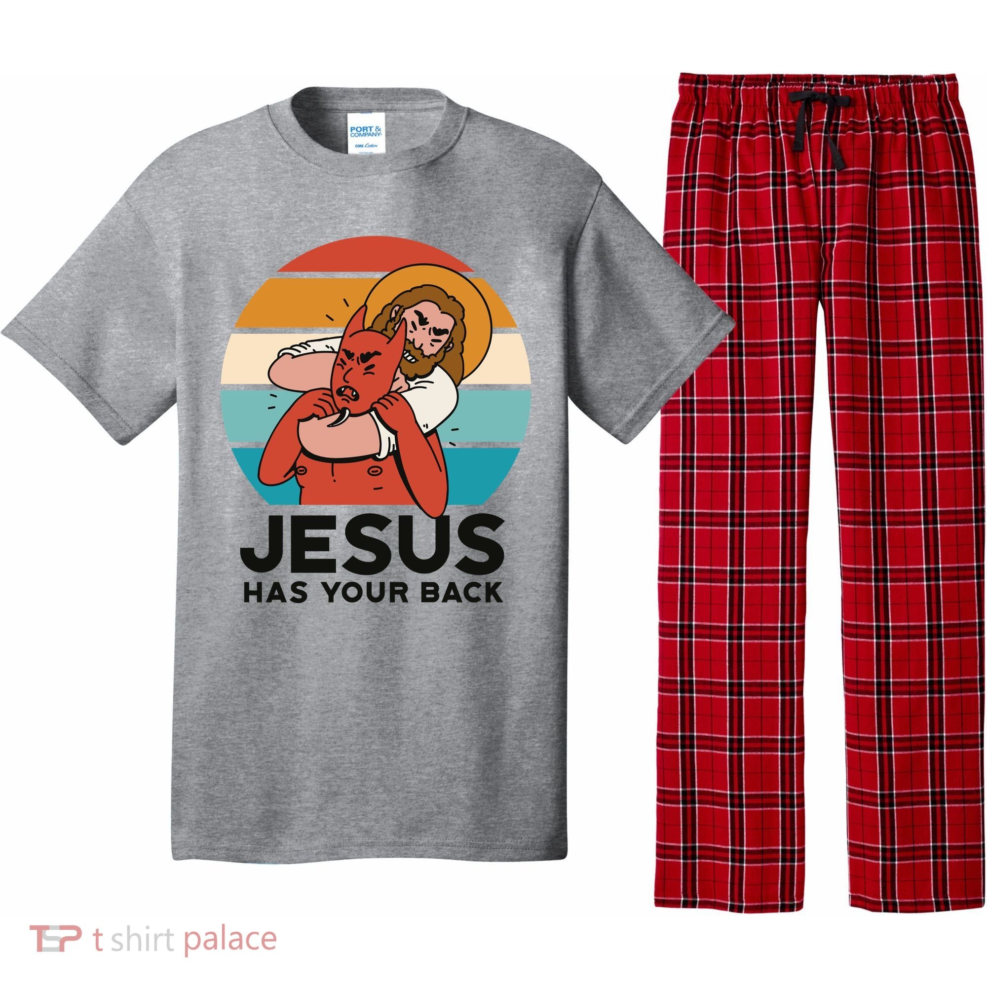 Jesus Has Your Back Fighting Devil Retro Sunset Pajama Set