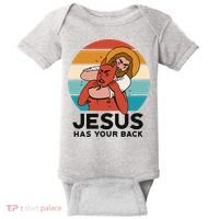 Jesus Has Your Back Fighting Devil Retro Sunset Baby Bodysuit thumb 0