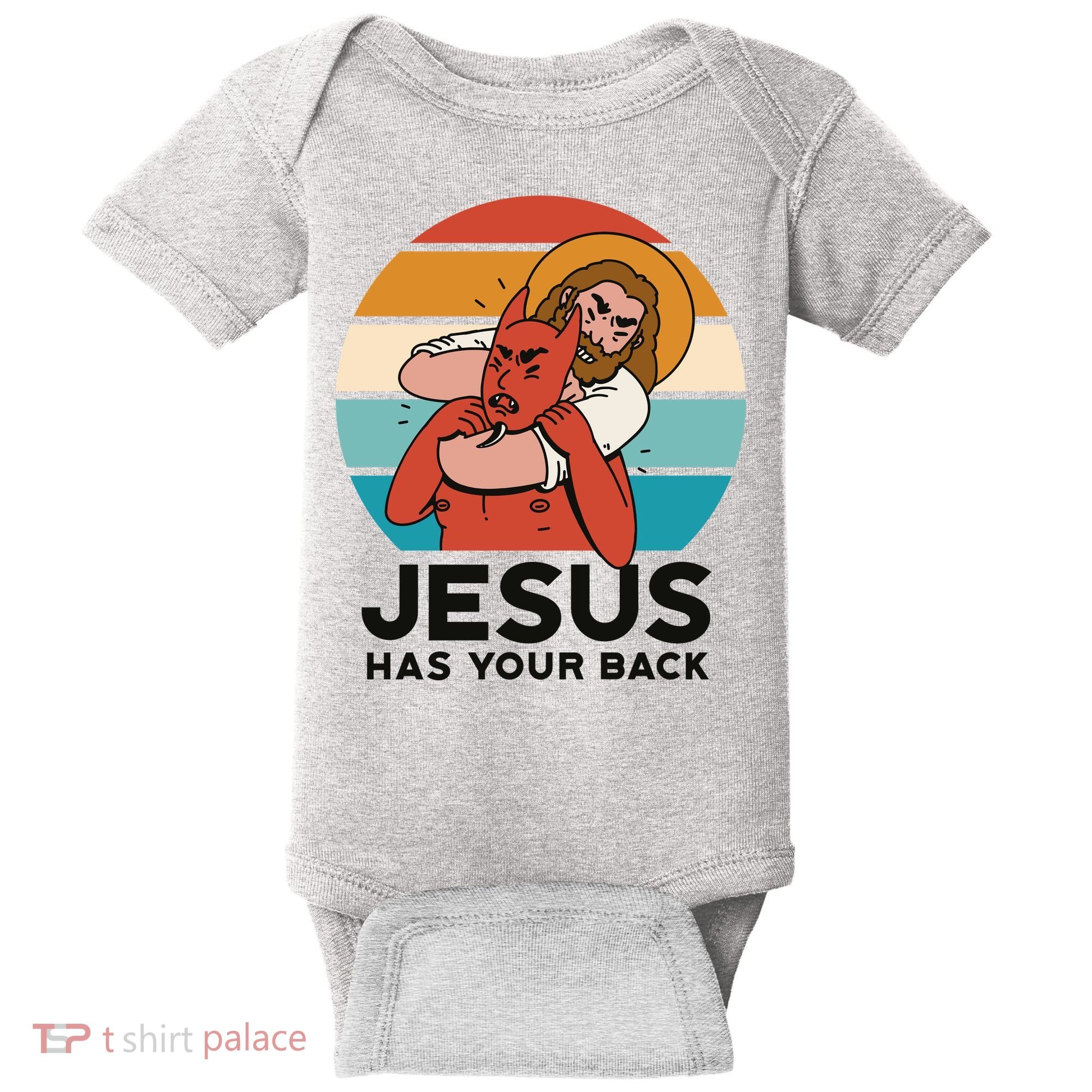 Jesus Has Your Back Fighting Devil Retro Sunset Baby Bodysuit