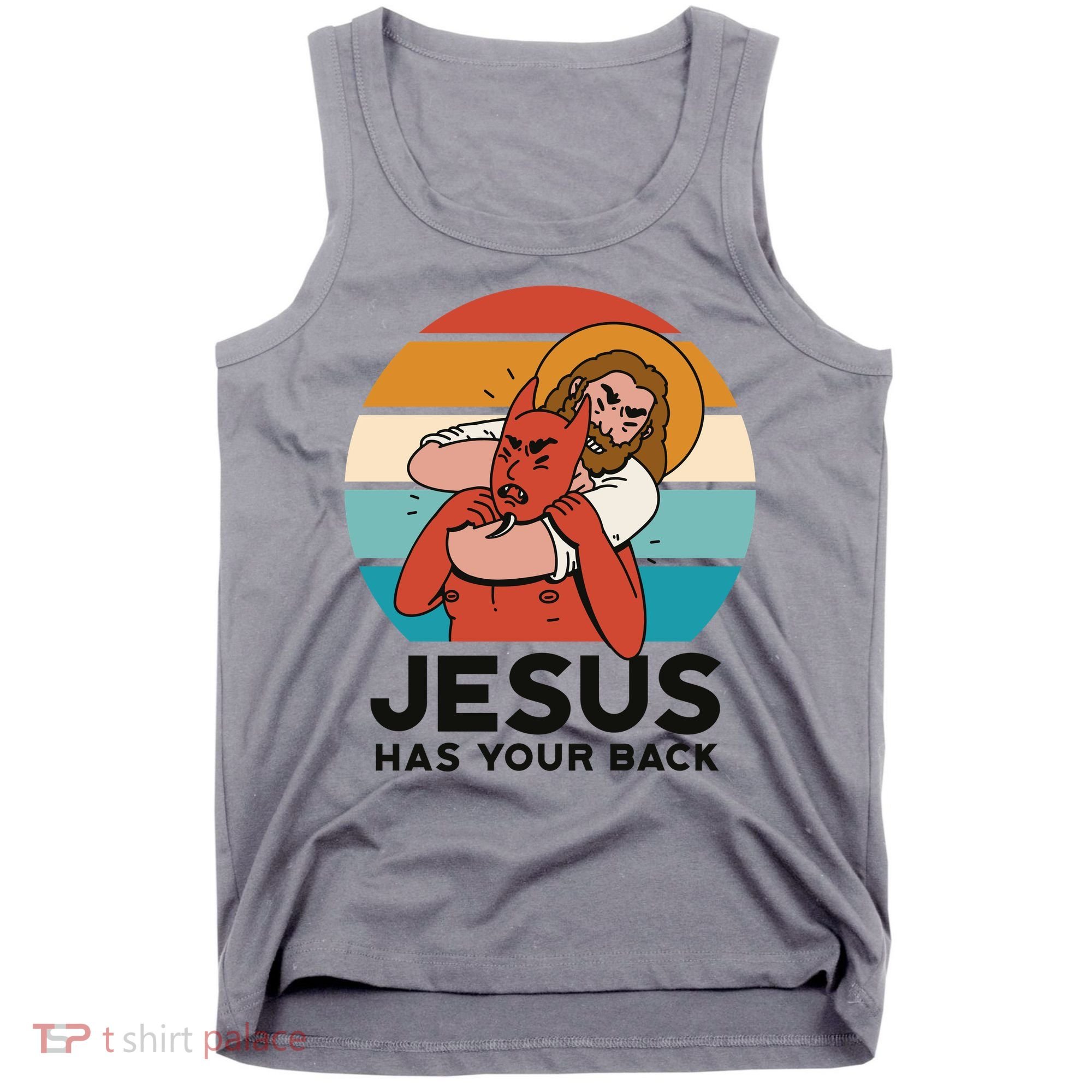 Jesus Has Your Back Fighting Devil Retro Sunset Tank Top