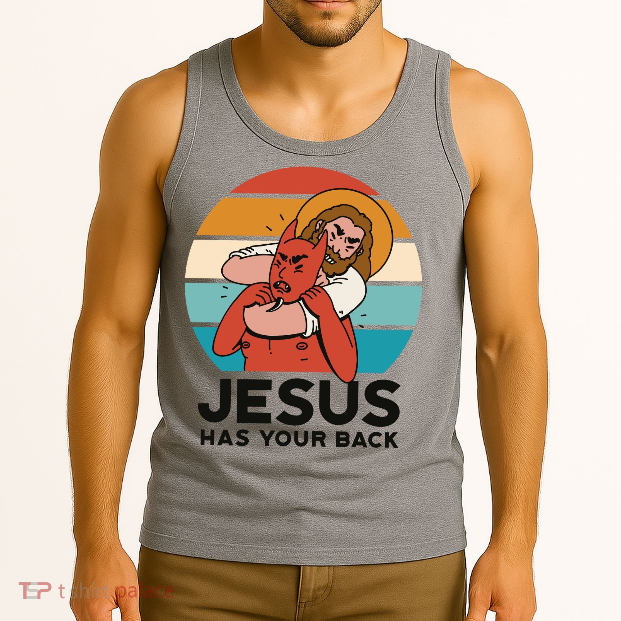 Jesus Has Your Back Fighting Devil Retro Sunset Tank Top