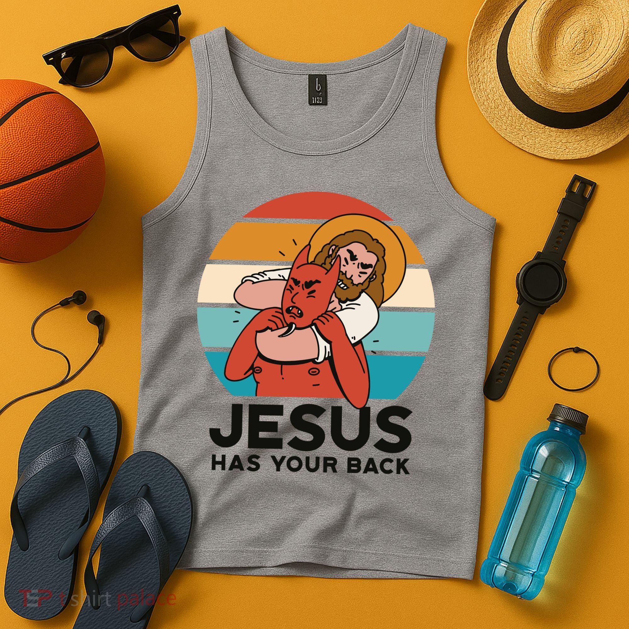 Jesus Has Your Back Fighting Devil Retro Sunset Tank Top