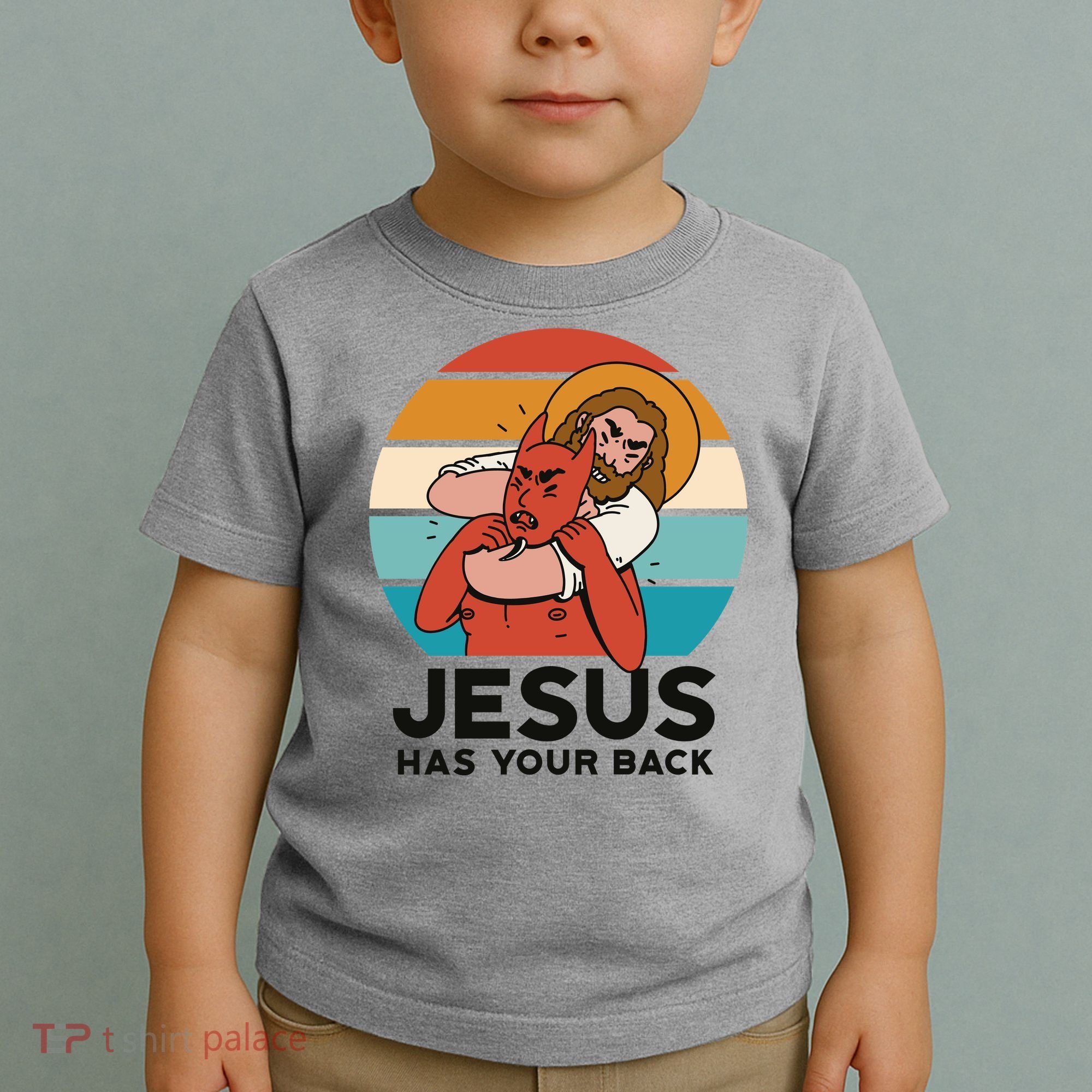 Jesus Has Your Back Fighting Devil Retro Sunset Toddler T-Shirt