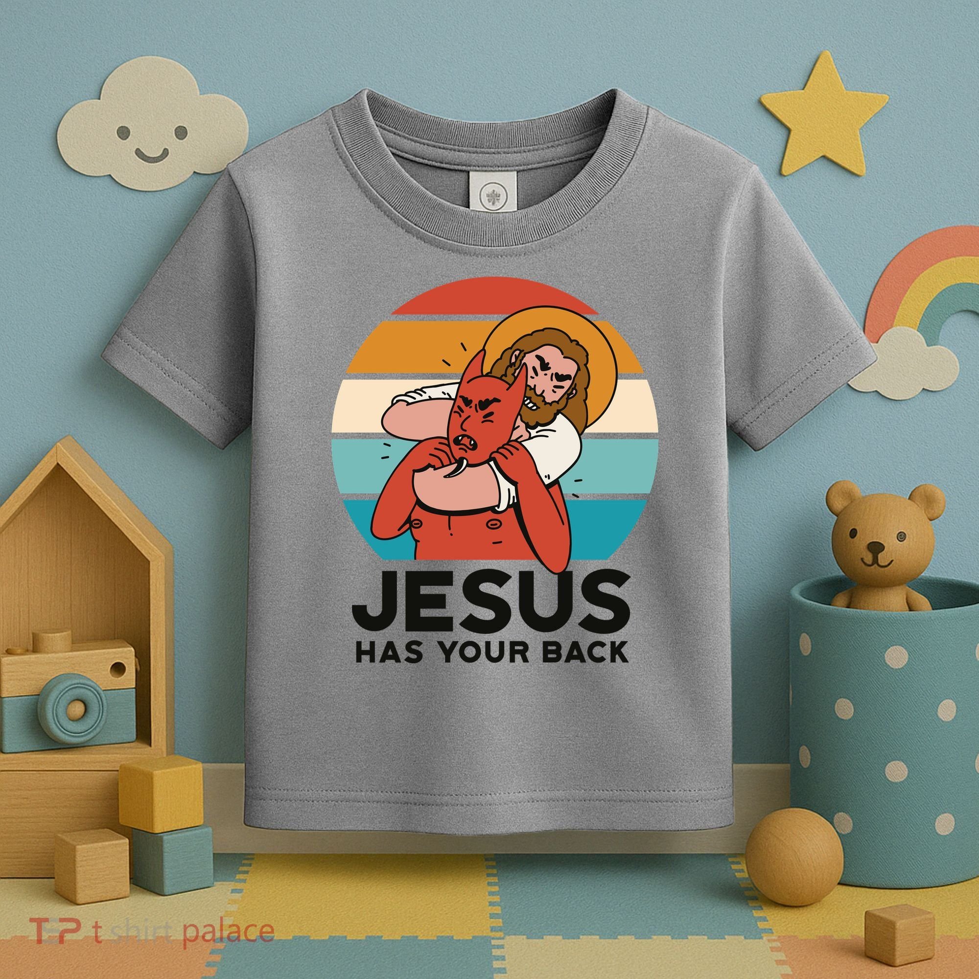 Jesus Has Your Back Fighting Devil Retro Sunset Toddler T-Shirt