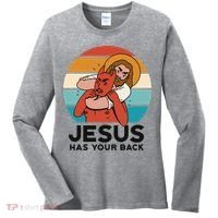 Jesus Has Your Back Fighting Devil Retro Sunset Women's Long Sleeve Shirt thumb 0