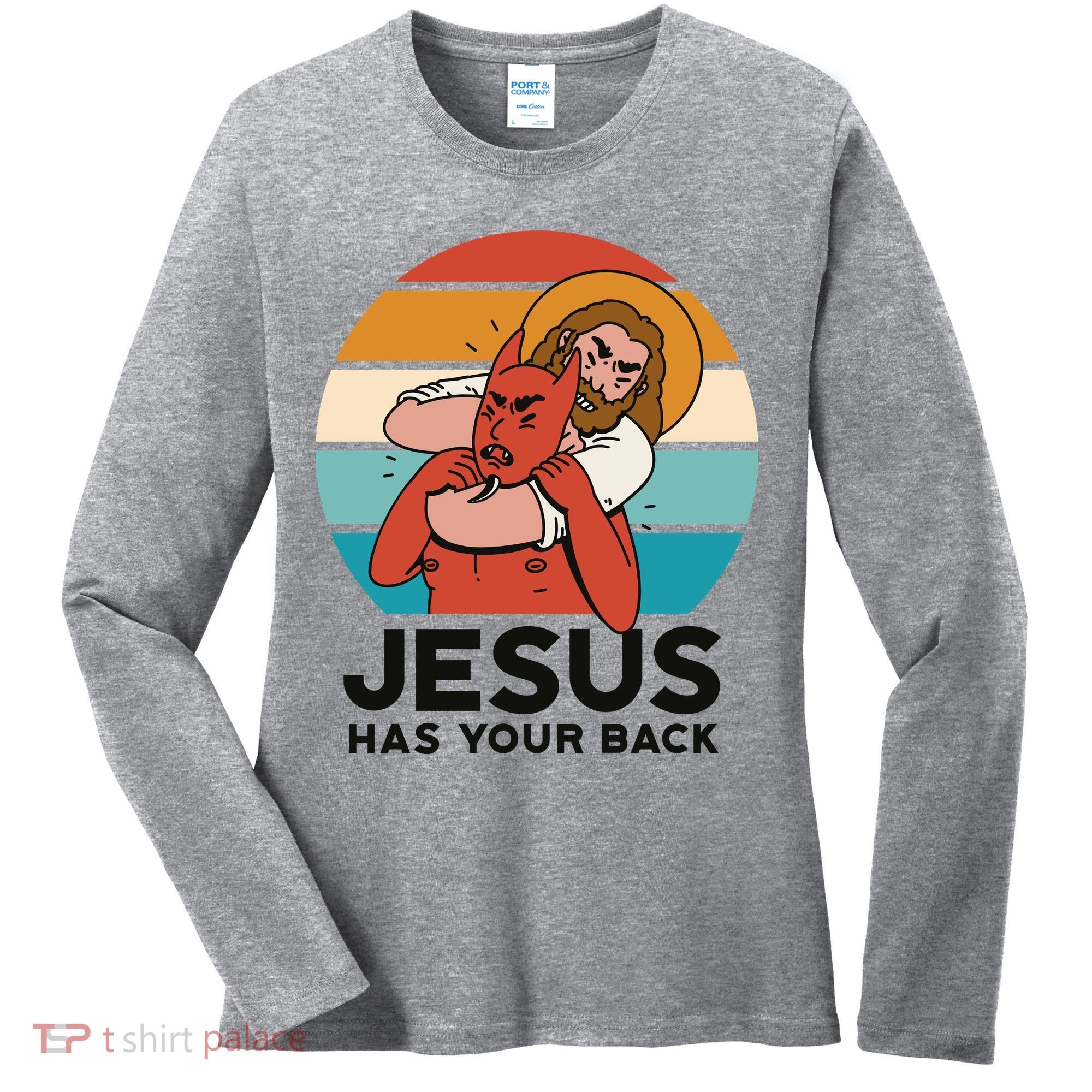 Jesus Has Your Back Fighting Devil Retro Sunset Women's Long Sleeve Shirt