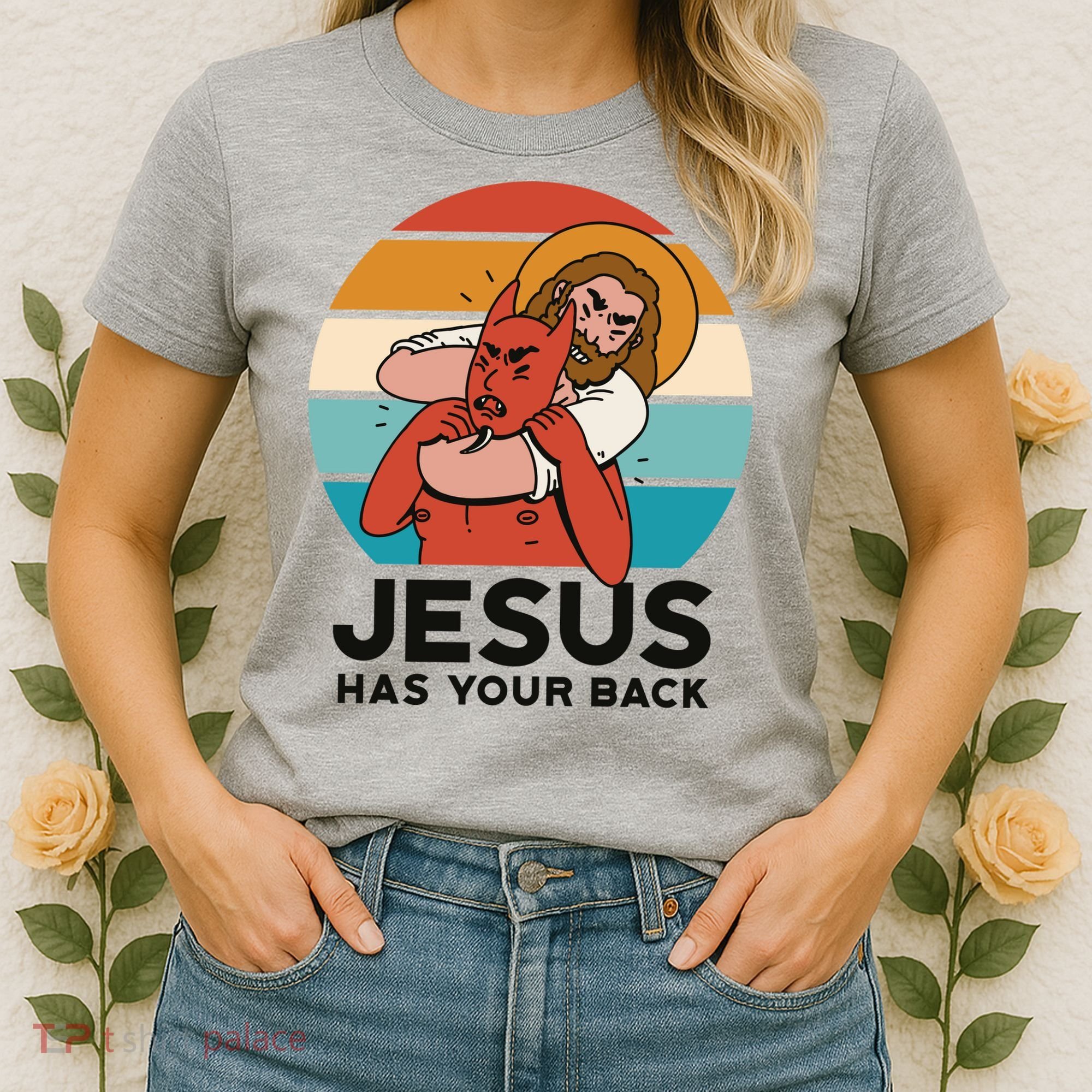 Jesus Has Your Back Fighting Devil Retro Sunset Women's T-Shirt