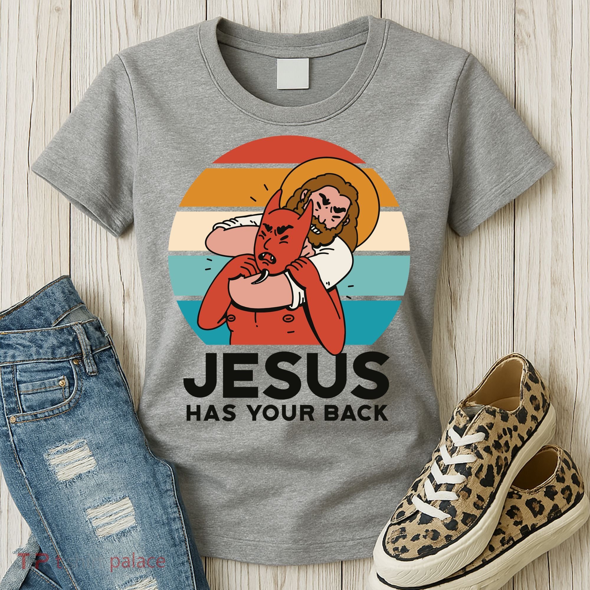Jesus Has Your Back Fighting Devil Retro Sunset Women's T-Shirt