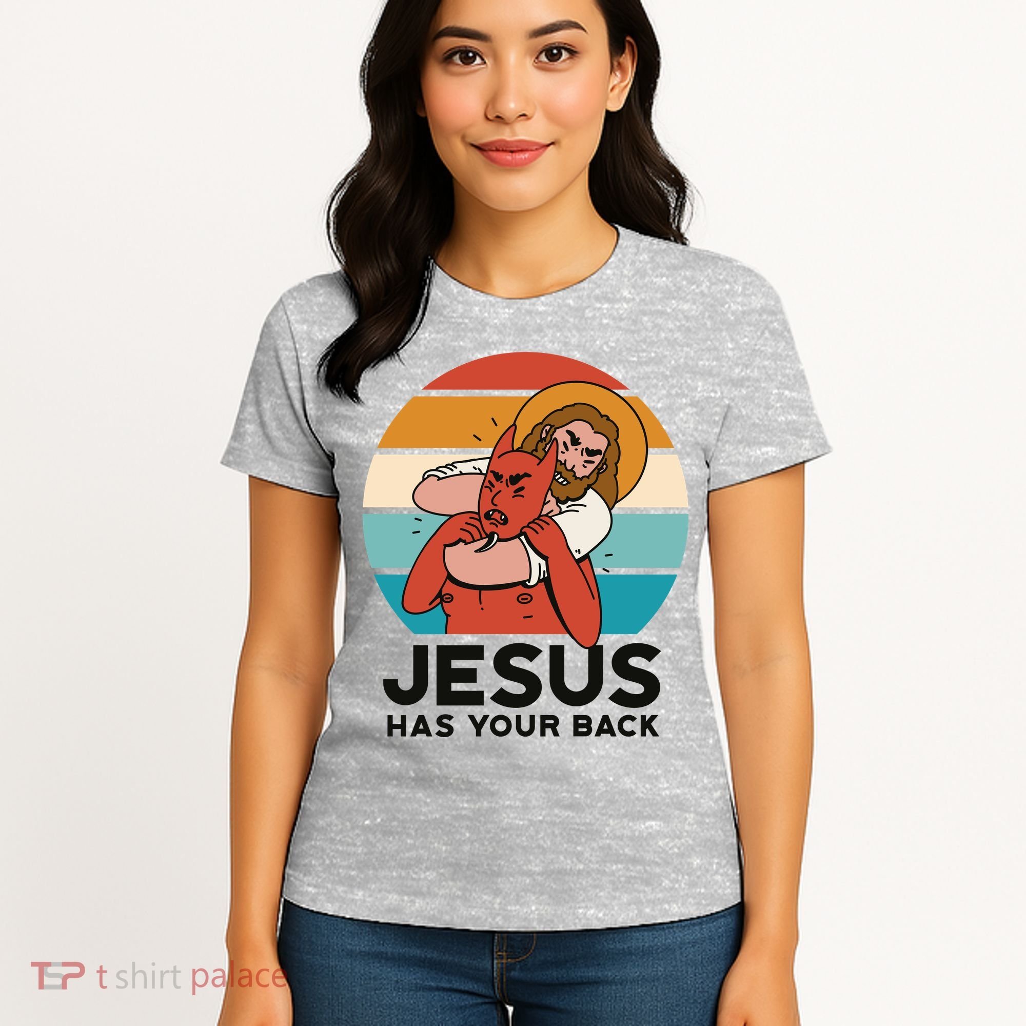 Jesus Has Your Back Fighting Devil Retro Sunset Women's T-Shirt