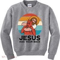 Jesus Has Your Back Fighting Devil Retro Sunset Kids Sweatshirt thumb 0