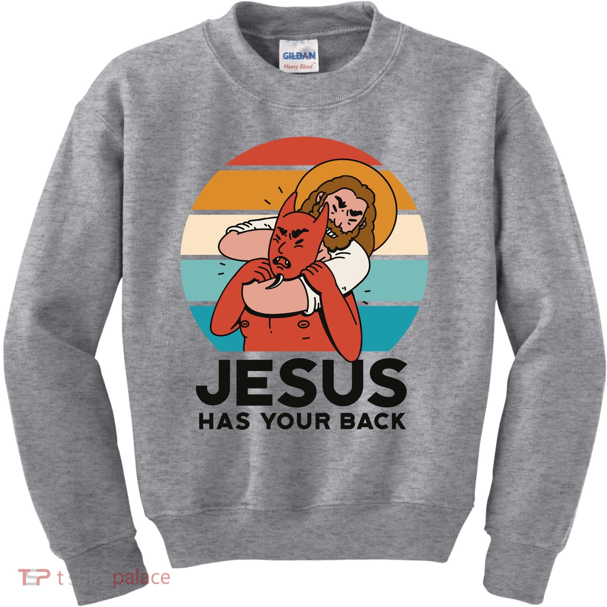 Jesus Has Your Back Fighting Devil Retro Sunset Kids Sweatshirt