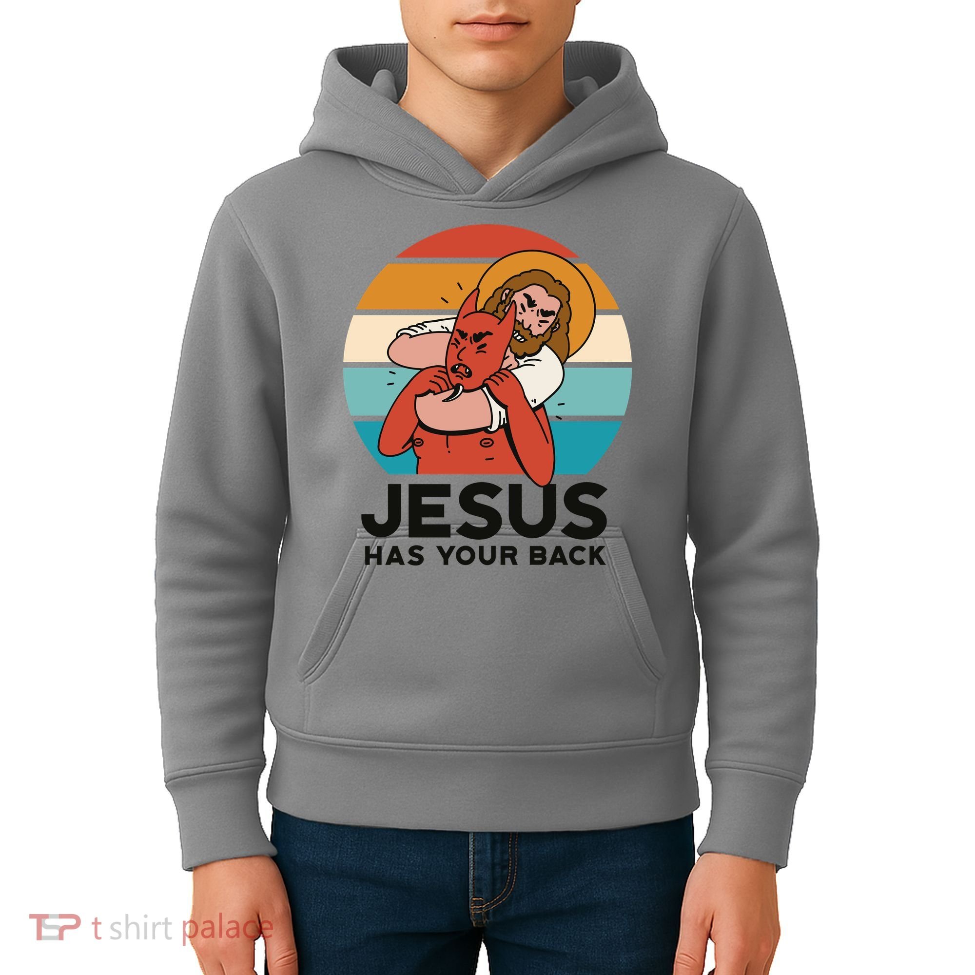 Jesus Has Your Back Fighting Devil Retro Sunset Kids Hoodie