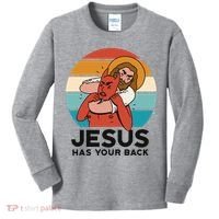 Jesus Has Your Back Fighting Devil Retro Sunset Kids Long Sleeve Shirt thumb 0