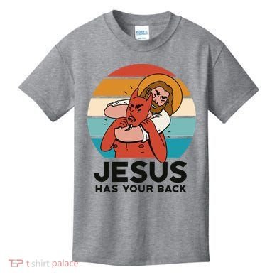 Jesus Has Your Back Fighting Devil Retro Sunset Kids T-Shirt