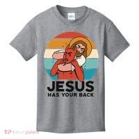 Jesus Has Your Back Fighting Devil Retro Sunset Kids T-Shirt thumb 0