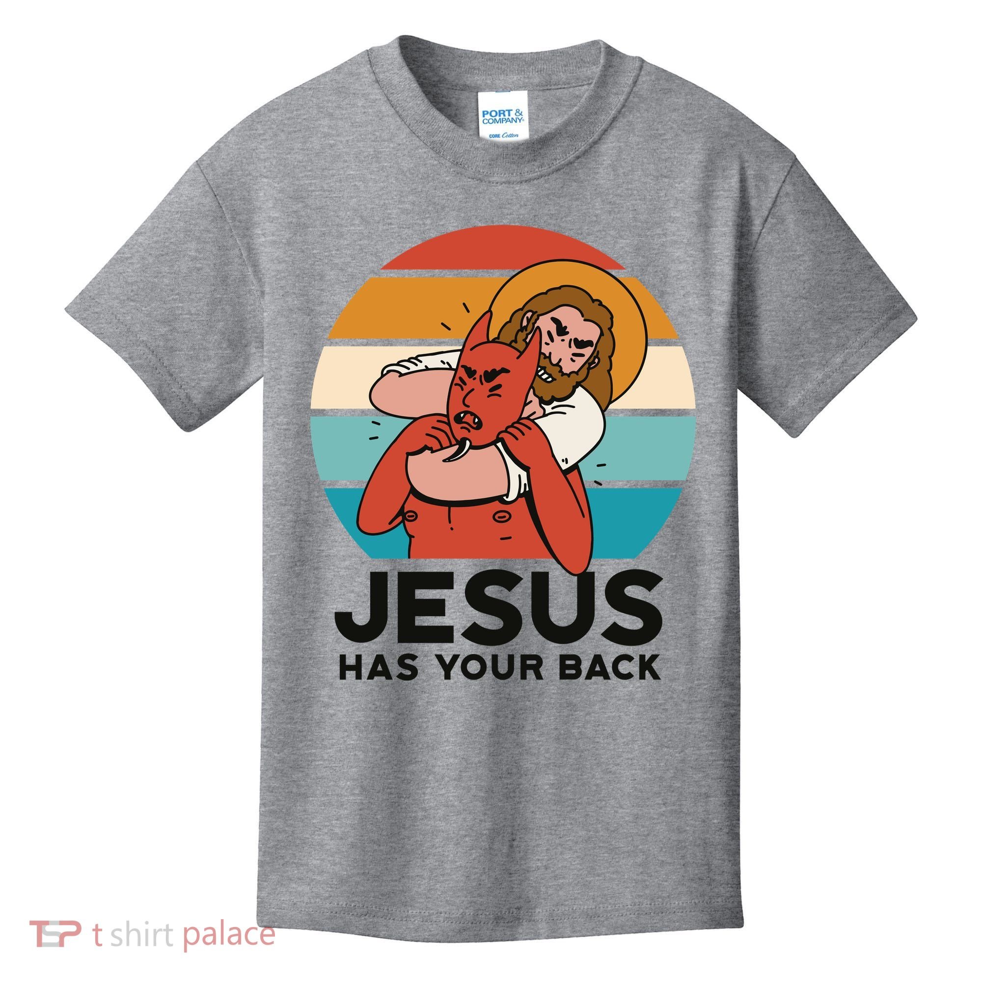 Jesus Has Your Back Fighting Devil Retro Sunset Kids T-Shirt