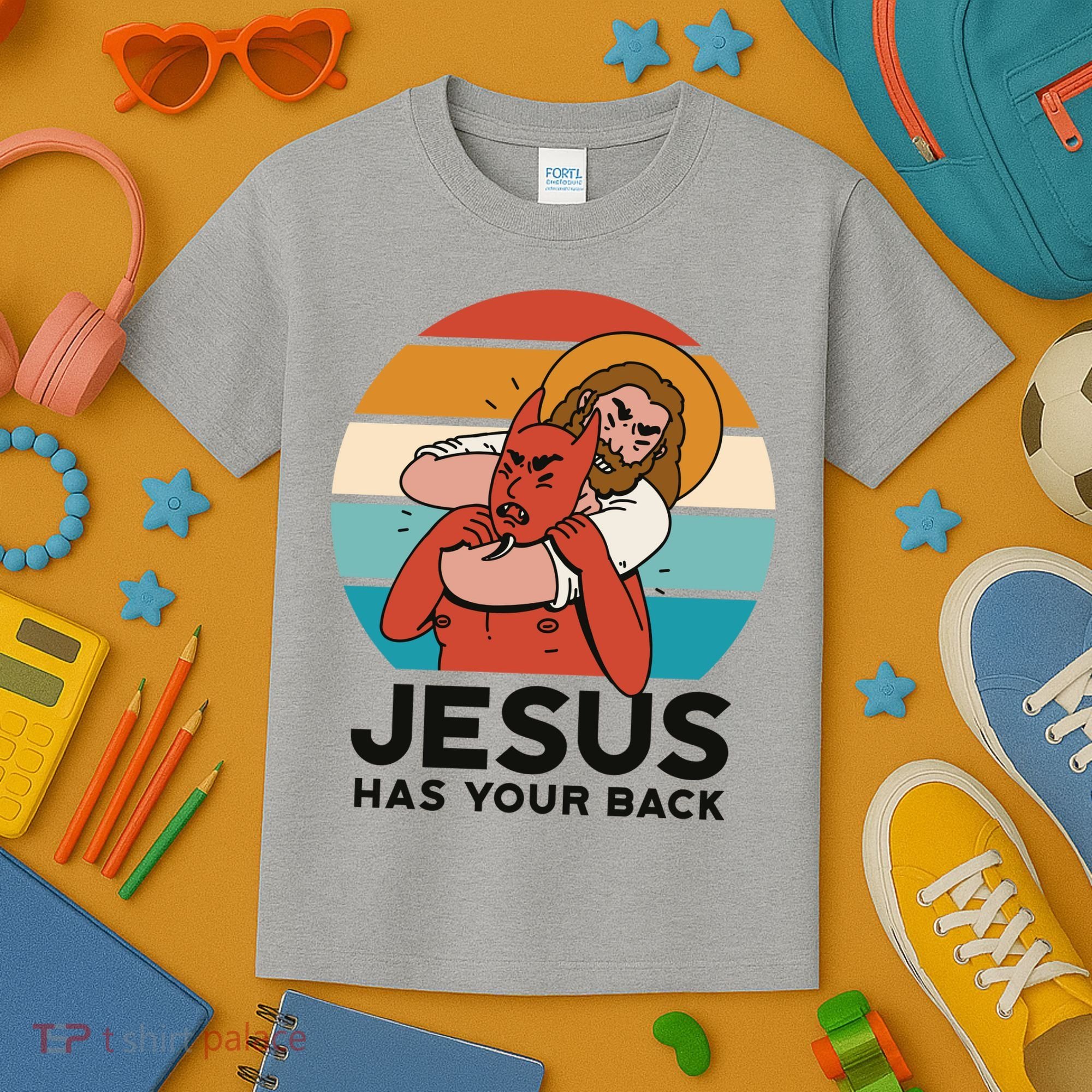 Jesus Has Your Back Fighting Devil Retro Sunset Kids T-Shirt