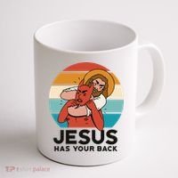 Jesus Has Your Back Fighting Devil Retro Sunset Coffee Mug thumb 1