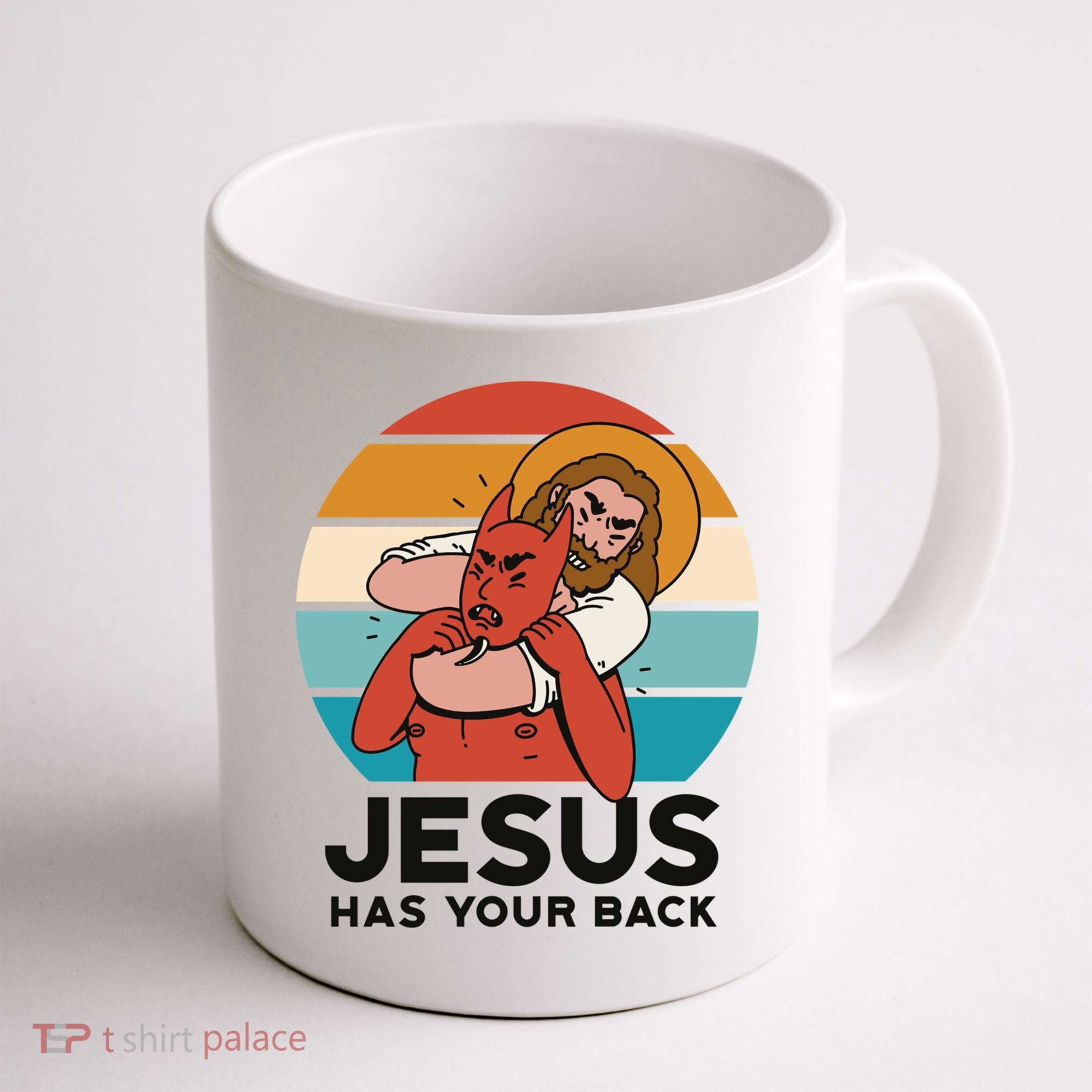 Jesus Has Your Back Fighting Devil Retro Sunset Coffee Mug