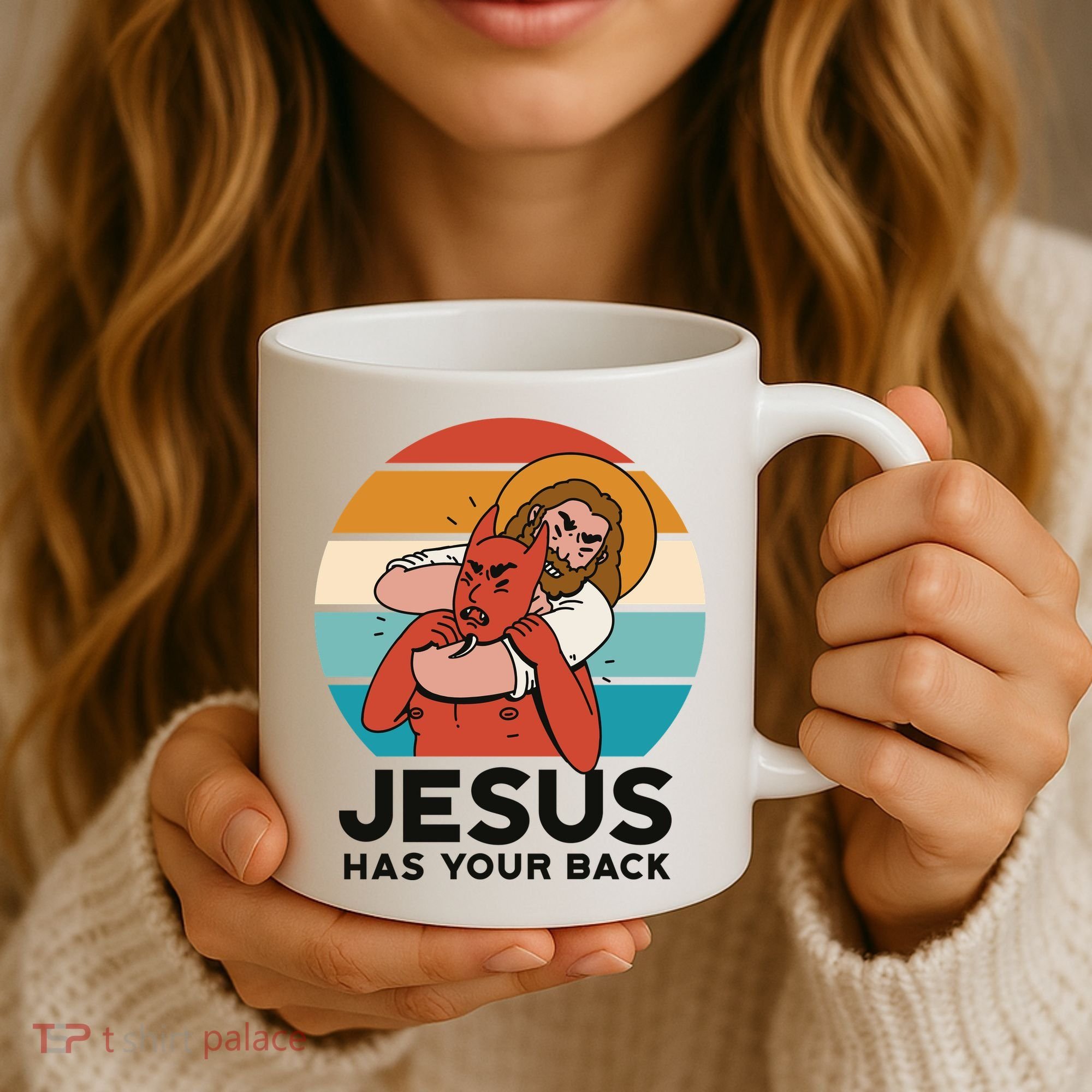 Jesus Has Your Back Fighting Devil Retro Sunset Coffee Mug