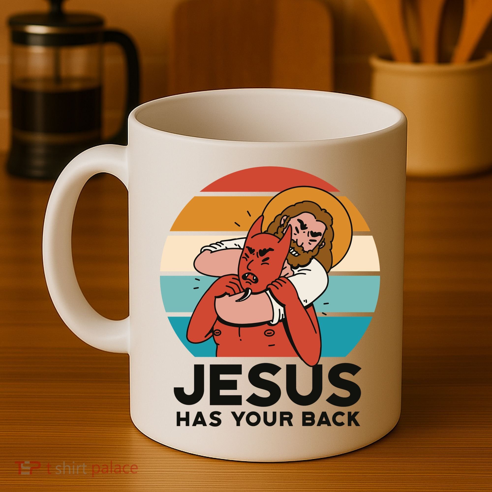 Jesus Has Your Back Fighting Devil Retro Sunset Coffee Mug