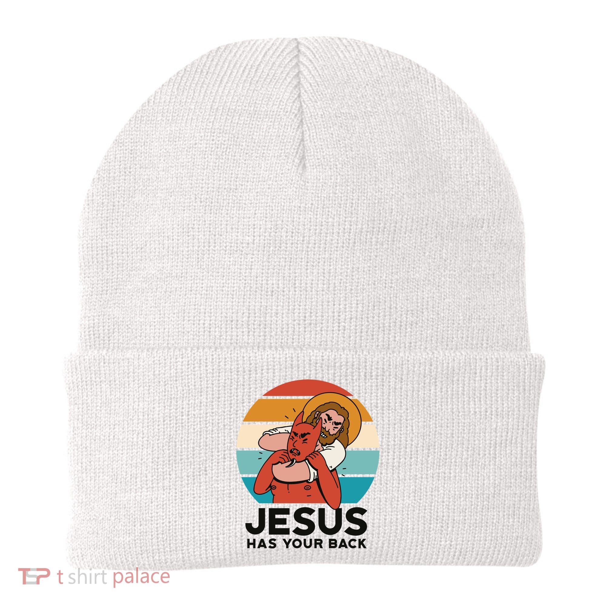 Jesus Has Your Back Fighting Devil Retro Sunset Beanie